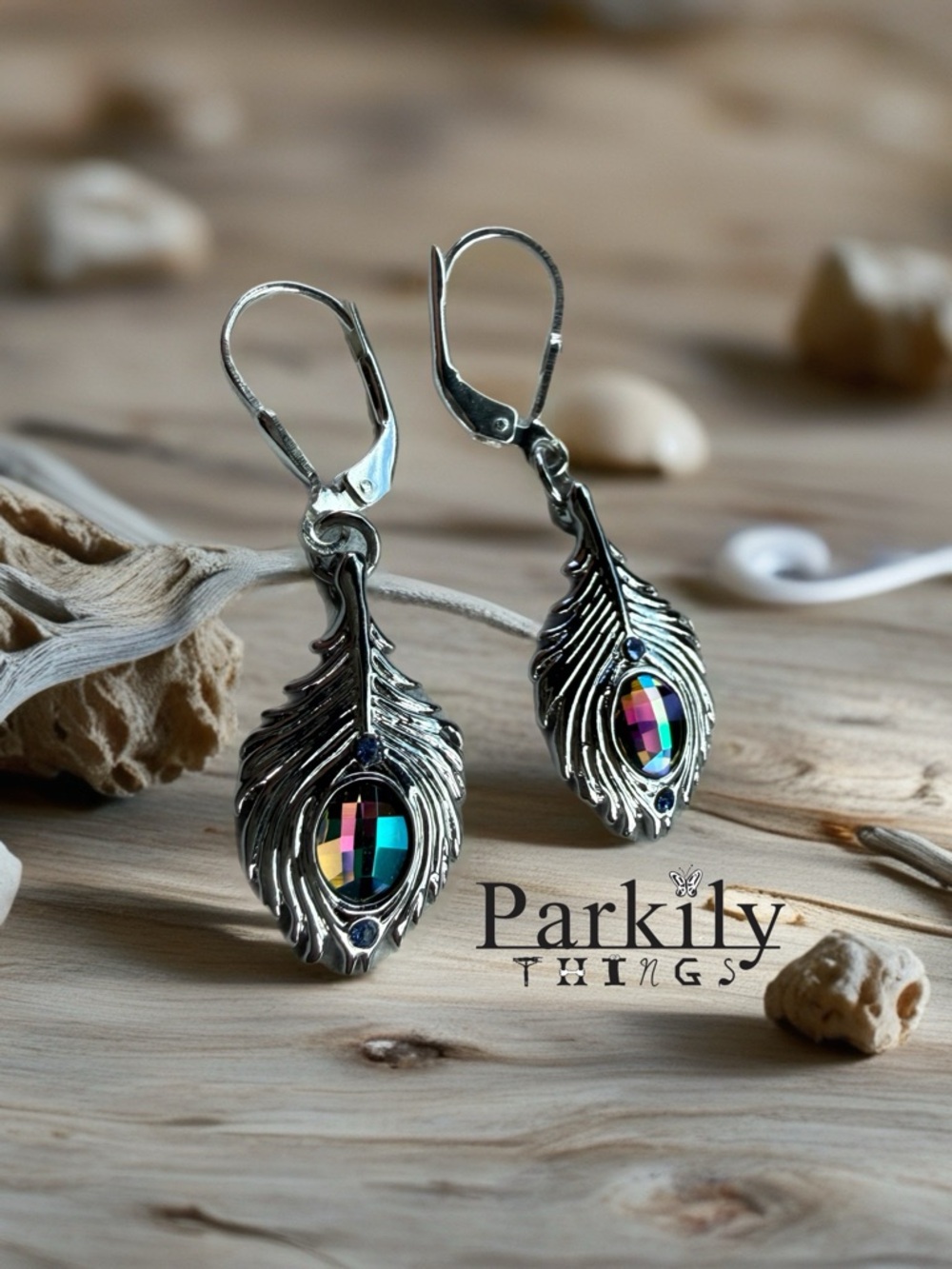 Silver Peacock Feather Earrings with Iridescent Crystal • Leverback